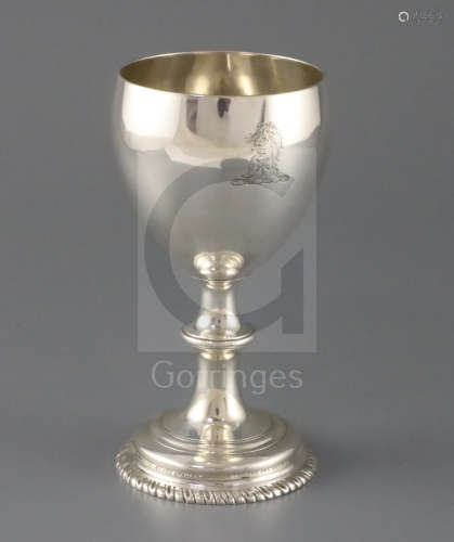 A George III silver pedestal goblet by, Aldridge & Green, with engraved crest, on gadrooned foot,