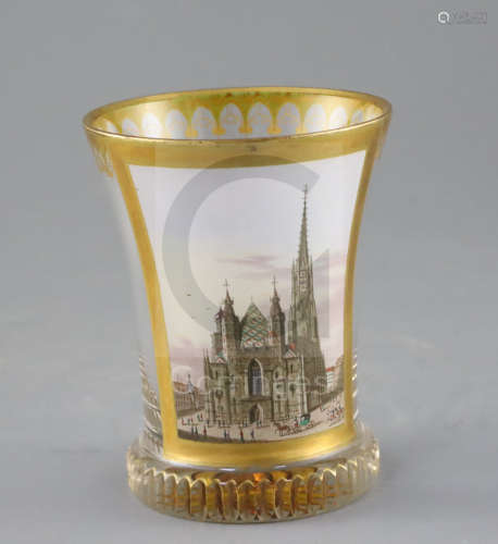 An Austro-Hungarian enamelled topographical glass beaker, ranftbecher, in the manner of Anton