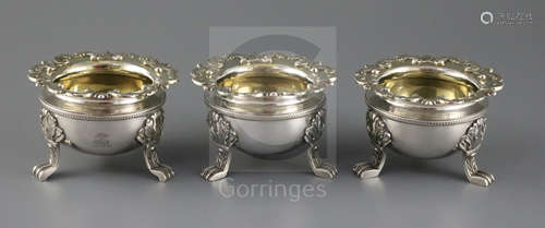 A good set of three George III silver table salts by Robert & Samuel Hennell, of cauldron form, with