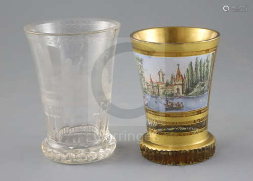 Two Bohemian glass beakers, ranftbechers, c.1840 and 1900, one in clear glass engraved with