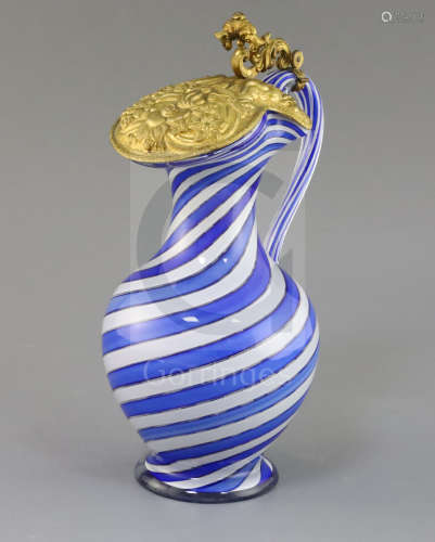 A French blue and white swirl glass ewer, possibly Clichy, mid 19th century, the ormolu-mounted