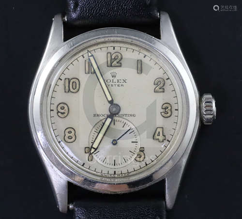 A gentleman's 1940's stainless steel Rolex Oyster shock-resisting manual wind wrist watch, with