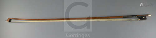 A German gold mounted violin bow, 19th century, with rounded stick, gold and mother-of-pearl mounted