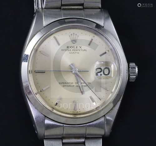 A gentleman's 1960's stainless steel Rolex Oyster Perpetual Date wrist watch, with baton numerals,