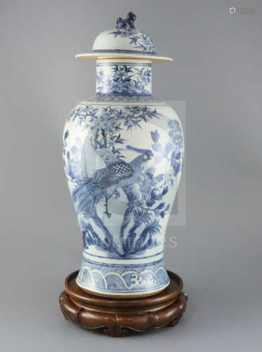 A large Chinese blue and white vase and cover, late 19th century, painted with a pheasant amid