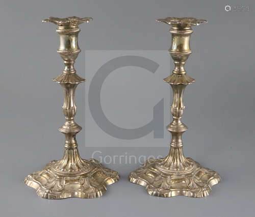 A pair of George II silver candlesticks, London 1758, John Hyatt & Charles Semore, with waisted