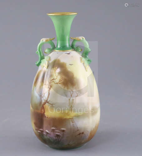 A good Royal Worcester vase, painted with storks by William Powell, c.1905, of lobed ovoid form,