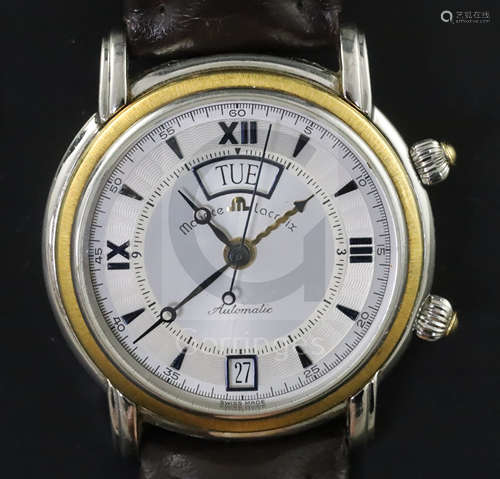 A gentleman's early 2000 steel and 18ct gold Maurice Lacroix automatic day/date alarm wrist watch,