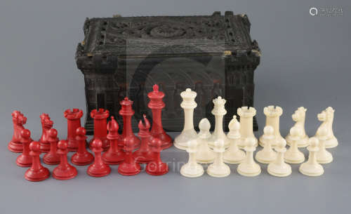 A Jaques & Son red stained and ivory Staunton pattern chess set, in Carton Pierre box, box