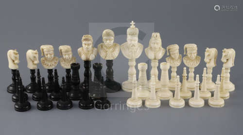 A 19th century, possibly French Colonial, black stained and natural ivory chess set, Moors versus