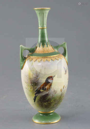 A good Royal Worcester small vase painted with a goldfinch by Ernest Barker, c.1911, of ovoid long-