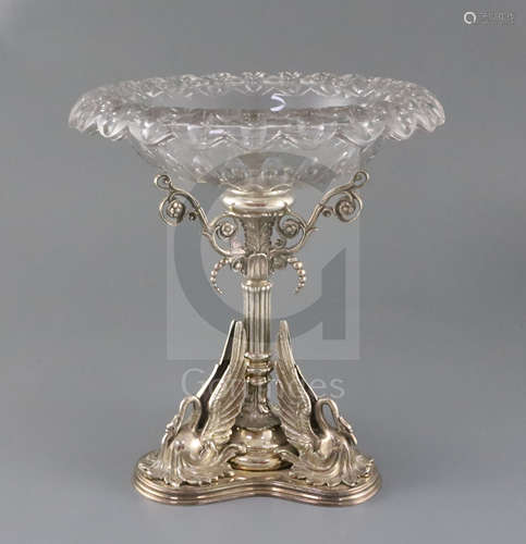 A Victorian silver plated centrepiece, retailed by Collis & Co, London, the cut glass bowl above a