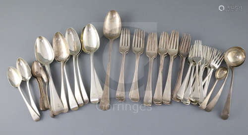 A harlequin part canteen of 19th century Old English and fiddle pattern flatware, comprising forty