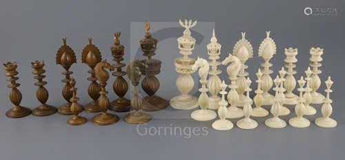 An 18th century Anglo Indian brown stained and natural ivory part chess set, king 5in.