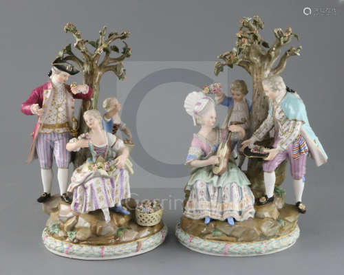 A pair of Meissen groups, late 19th century, the first modelled with a lady playing a mandolin and a