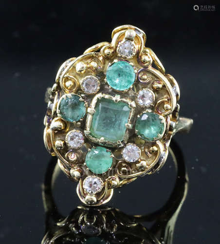 A Victorian gold, five stone emerald and six stone diamond set cluster dress ring, of lozenge form