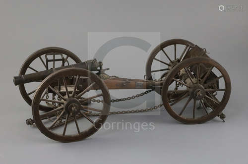 A 19th century scratch built model of a horse artillery six pounder gun and carriage, made of