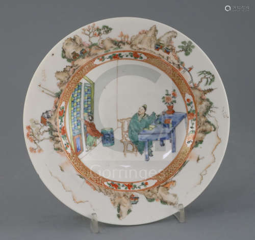A French Kakiemon style porcelain soup plate, 18th or 19th century, painted with figures in an