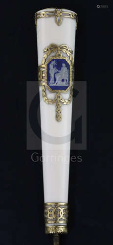 A Swiss gold-mounted ivory parasol handle, inset with a blue jasper plaque of classical figures