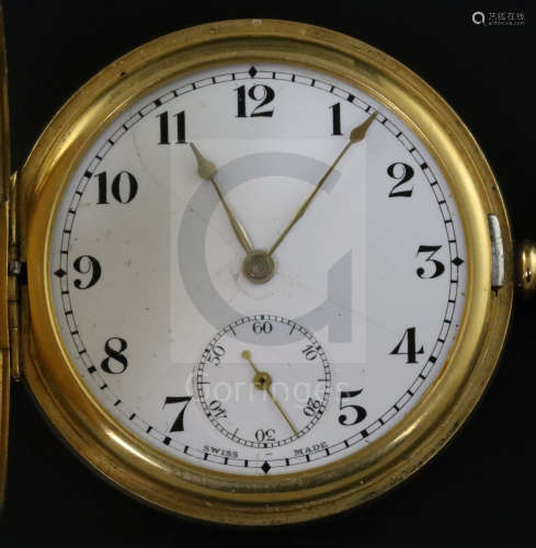 A George V 18ct. gold keyless half hunter pocket watch, with Arabic dial and subsidiary seconds,