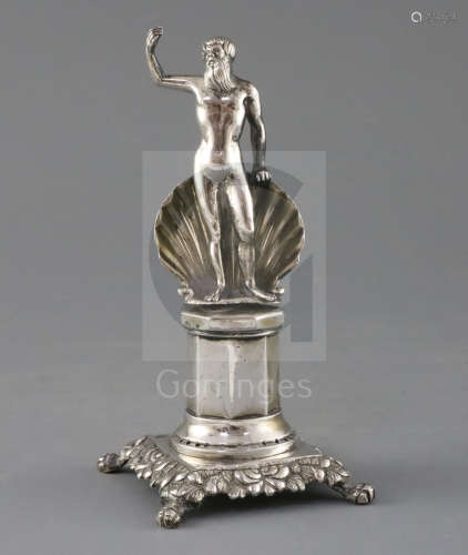 A 19th century Portuguese silver miniature model of Neptune? with shell (lacking trident), the
