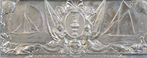 America's Cup Interest: An American sterling silver plaque, made to commemorate the America's Cup
