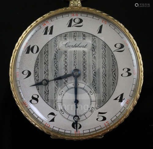 An engine turned 14ct gold Cortebert keyless open face dress pocket watch, with Arabic dial, blued