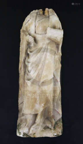 A Nottingham alabaster plaque, carved with the body of a medieval lady holding a book, traces of