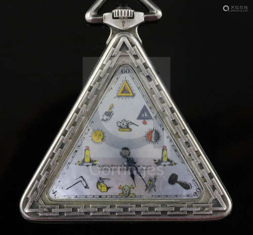 A 1930's Swiss silver triangular masonic pocket watch, with mother of pearl dial inscribed 'Love