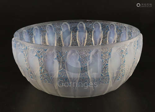 A Rene Lalique 'Perruches' blue-stained opalescent glass bowl, c.1931, model 419, etched mark 'R.