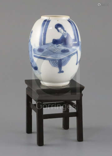 A Chinese blue and white small ovoid vase, Kangxi period, painted with two ladies seated at a