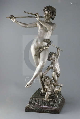 Affortunato Gory (1895-1930). A French silvered bronze group of a bacchanalian pipe player and two