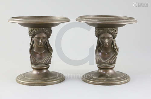 A pair of 19th century French F. Barbedienne bronze tazzae, with classical Greek head stems, W.6.