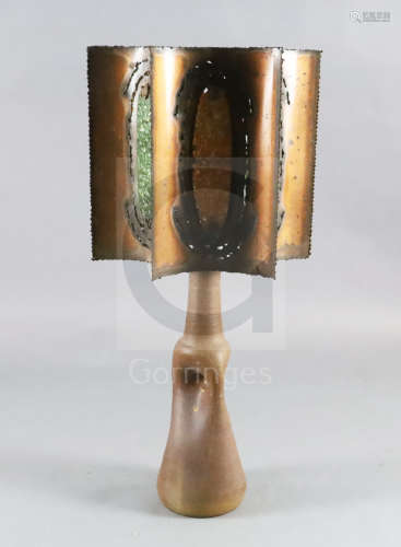 A French Accolay pottery copper and glass shard table lamp, c.1970, with concave hexagonal shade,