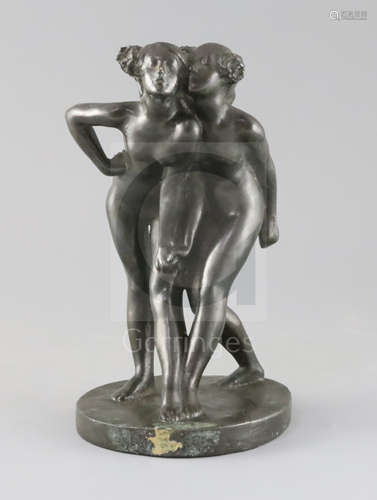 After Pierre-Auguste Renoir. A French lost wax bronze group of embracing maidens bears signature,