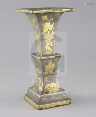 A Chinese pewter and brass inlaid altar square vase, 18th / 19th century, decorated with insects,