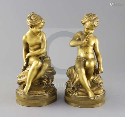 After Etienne-Maurice Falconet. A pair of late 19th century French ormolu figures of Cupid and