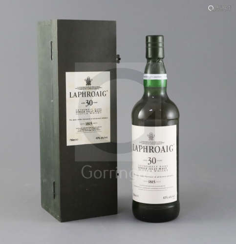 A bottle of Laphroiag 30 year old single Islay malt whisky, in presentation case