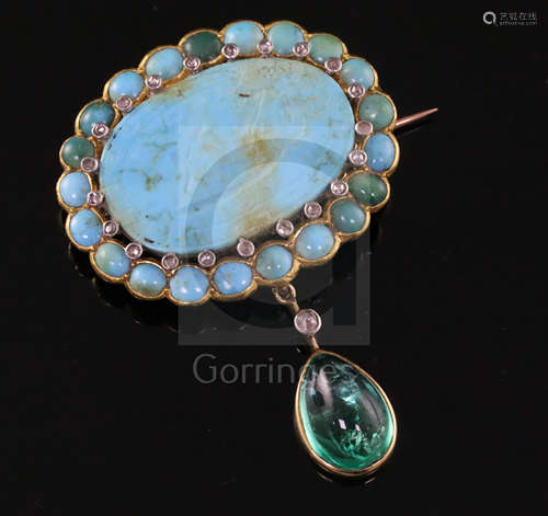 A late Victorian turquoise and rose cut diamond set pendant brooch, with pear shaped cabochon