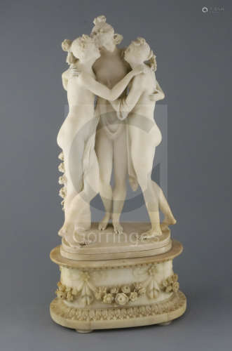 A 19th century Italian carved alabaster group of The Three Graces, after Canova, on floral swagged