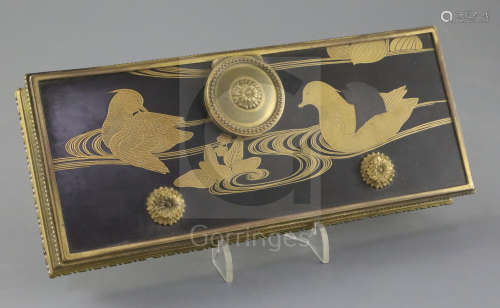 A 19th century French ormolu mounted Japanese lacquer ink stand, decorated with Mandarin ducks, 9.25