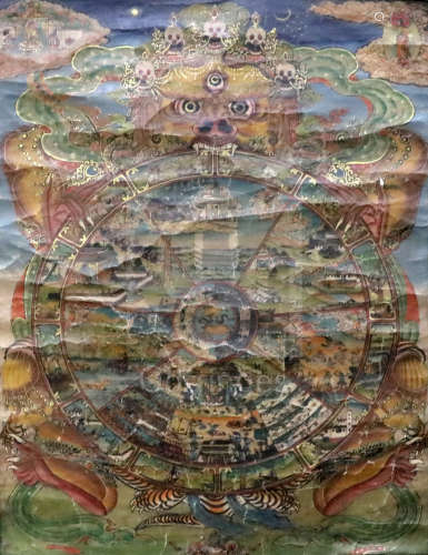 A Tibetan mandala thangka, late 19th / early 20th century, decorated with a central wheel and the