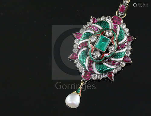 A 19th century gold and silver, emerald, ruby, diamond, two colour enamel and baroque pearl drop