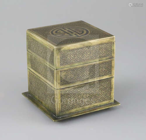 A Chinese bronze 'shou' three tier square box, 19th century, decorated with shou medallions and a