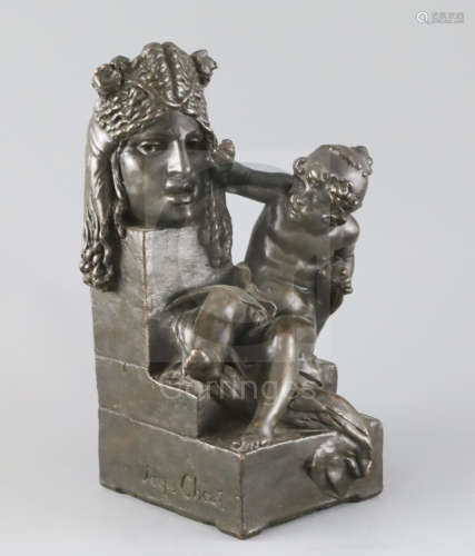 Gustave-Joseph Chéret (1838-1894). A bronzed terracotta group of putto beside a classical mask,