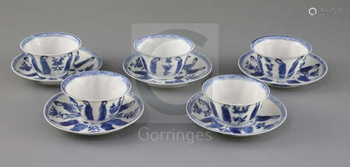 A set of five Chinese blue and white 'Long Eliza' tea bowls and saucers, Kangxi period, each with