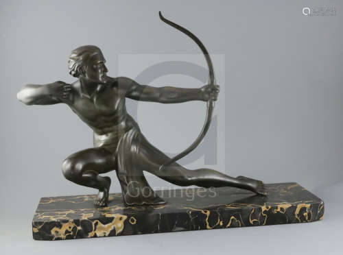 Salvatore Melani (1902-1934). An Art Deco bronze figure of an archer, on variegated marble plinth,