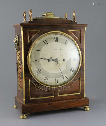 Jackson and Son of Bristol. A Regency brass mounted rosewood bracket clock, with painted Roman