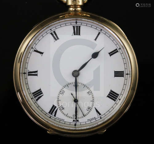 A George V 9ct gold open face keyless lever pocket watch, with Roman dial and subsidiary seconds,