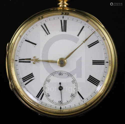 A George V 18ct gold open face keywind lever pocket watch, with Roman dial and subsidiary seconds.
